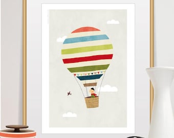 hot air balloon print, hot air balloon art, hot air balloon nursery, hot air balloon wall art, nursery wall art, nursery prints, baby boy