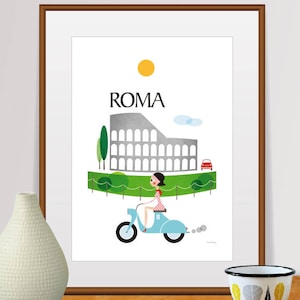 City art, city prints, travel poster, roma print, city illustration, coliseum, mid century modern art, retro poster, italy poster, wall art