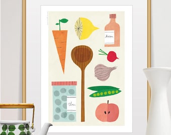 Kitchen Wall Art Fruits Vegetable Spices Food Poster Illustrated Modern Still Life Restaurant Bistro Shop Decoration Cook Chef Gift Idea