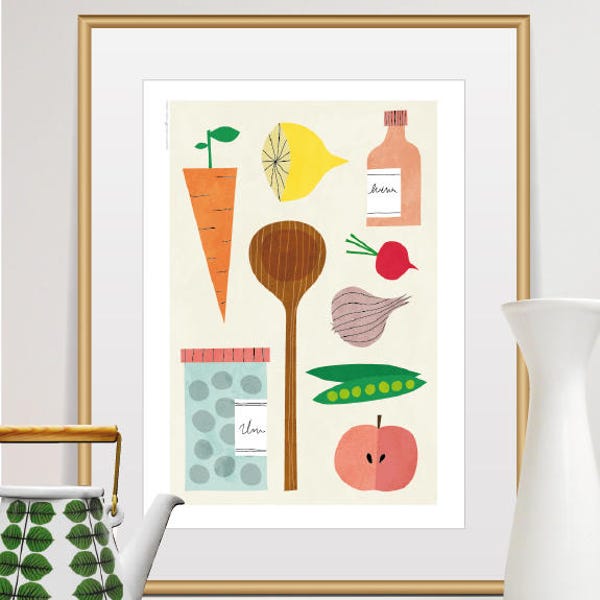 Kitchen Wall Art Fruits Vegetable Spices Food Poster Illustrated Modern Still Life Restaurant Bistro Shop Decoration Cook Chef Gift Idea