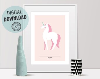 Einhorn Druck, rosa Einhorn, Einhorn Kunst, Einhorn Dekor, Kinderzimmer Wand Kunst Tiere, Einhorn Clipart, Einhorn Kunstdruck, skandinavische moderne