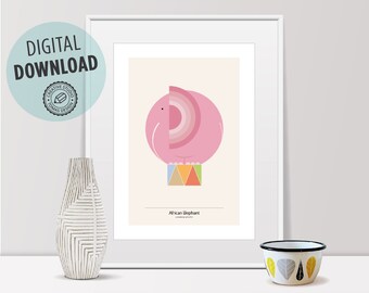 pink elephant, elephant print, elephant art, elephant decor, nursery wall art animals, elephant clipart, elephant art print, scandinavian