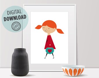 girl print, baby girl nursery art, nursery decor, girl illustration, redhead girl, freckles, wall art, baby girl gift, mid century modern