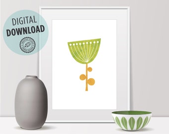 Flower Wall Art, Mid Century Modern Art, Scandinavian Modern, Minimalist Art, Illustration, Home Decor, Green Flower, Art Prints, Wall Decor