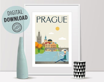 City art, city prints, mid century modern art, travel poster, city Illustration, wall decor, home decor, city poster, prague print, travel