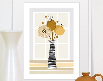 flowers, home decor, paper flowers, mid century modern, bathroom decor, bedroom decor, large wall art, laundry room decor, art print, poster