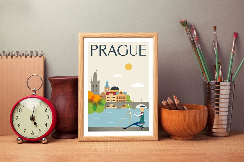 Prag Wandbild Aquarell Malerei Druck Fluss Karlsbrücke Stadt Stadt Landschaft Druck Souvenir Reisende Geschenkidee Tschechien Bild 3