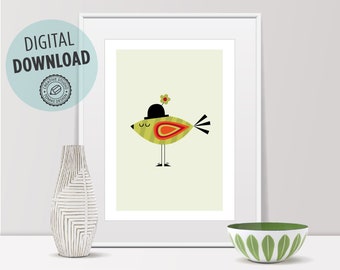 PRINTABLE Animal Print, Bird Print, Green Bird, Nursery Decor, Nursery Wall Art, Wall Decor, Mid Century Modern Art, Baby Boy Nursery