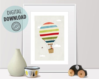 hot air balloon print, hot air balloon art, hot air balloon nursery, hot air balloon wall art, nursery wall art, nursery prints, baby boy