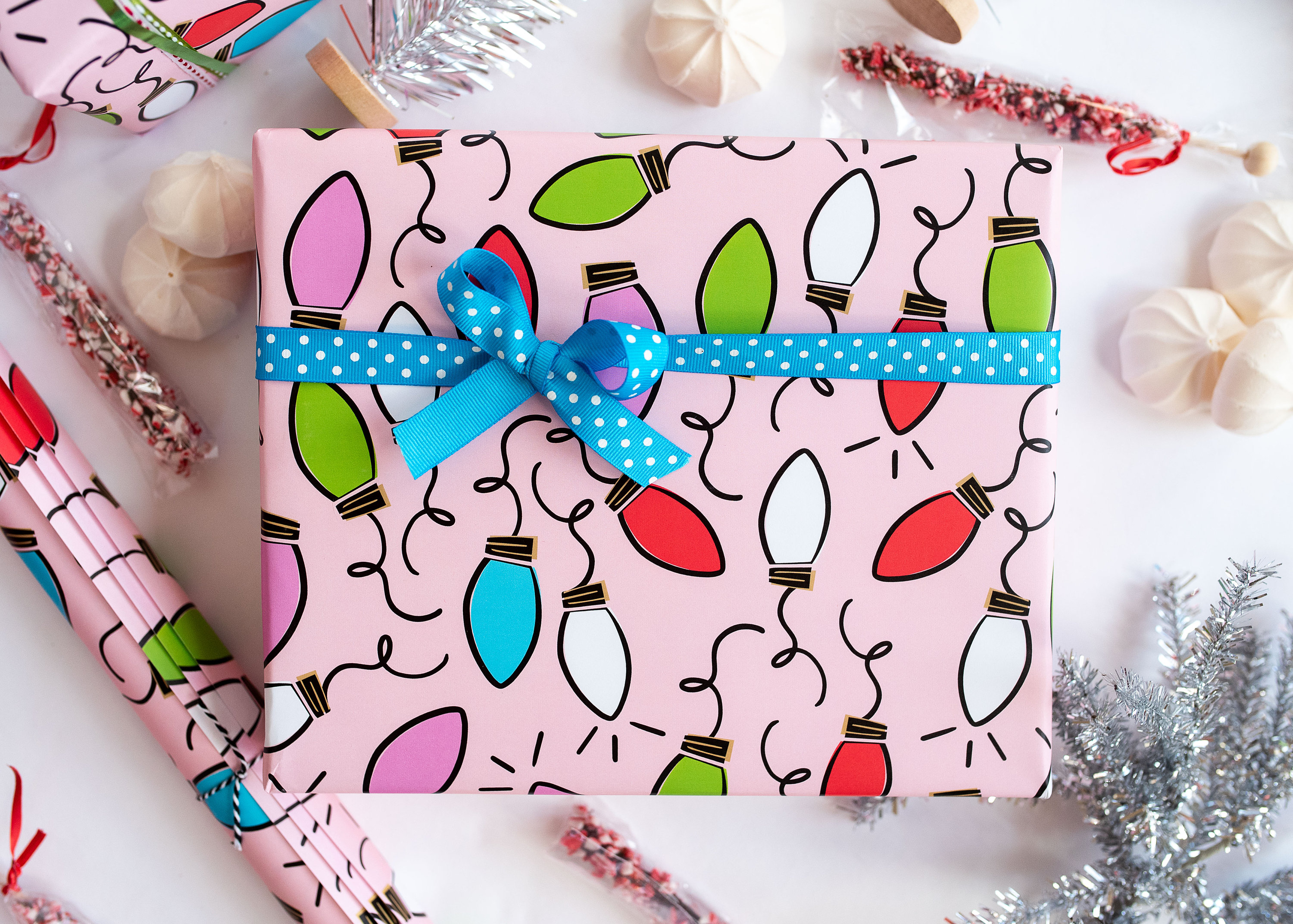 Christmas Pink Wrapping Paper Modern Lights Holiday Gift Etsy