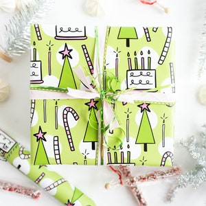 December, Birthday, Winter, Christmas, Wrapping Paper, Modern, Cake, Candy Canes, Holiday Gift Wrap, Wrapping Paper Sheet