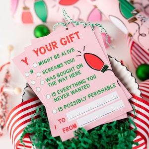 May include: Pink gift tags with a green and white checklist that says "Your Gift: Might be alive, Screams you!, Was bought on the way here, Is everything you never wanted, Is possibly perishable."  The tags have a red lightbulb illustration and spaces to write "To" and "From".