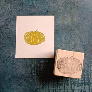 Può includere: Un timbro in legno con un'immagine incisa di una zucca. Il timbro è su uno sfondo rosa chiaro con un'immagine di zucca dorata.