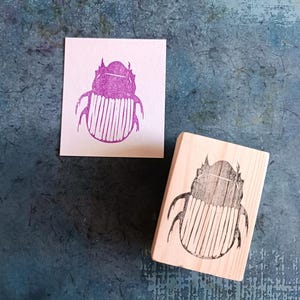 Può includere: Un timbro in legno con un design intagliato di uno scarabeo. Lo scarabeo è delineato in nero e presenta un motivo dettagliato di linee sul suo corpo. Il timbro è su uno sfondo in legno chiaro.