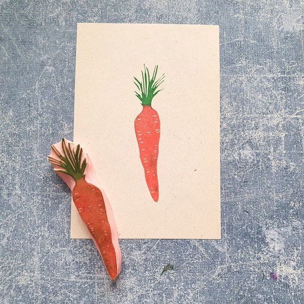 Carrot rubber stamp for printing on fabric bags, garden vegetable stamp for scrapbooking, green plant, eco life gift, nature packaging