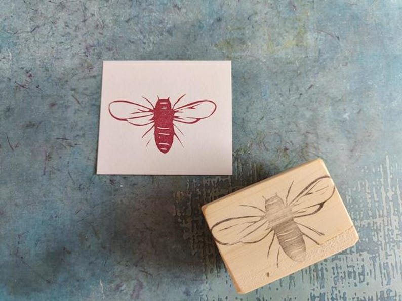 Bee rubber stamp for cardmaking, honey bee stamp for nature lovers, wild meadow stationery, eco packaging, paper goods, get well soon gift, image 1