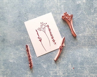 Twig rubber stamp set of 3, rustic wedding invitation, wild flower gift set,  bullet journal decor, boho stationery, holiday present