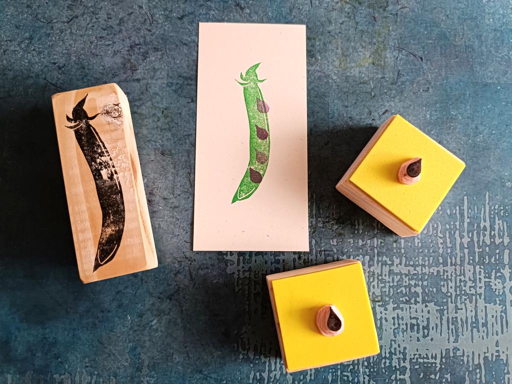 野菜日記用のエンドウ豆スタンプ、グリーンピースのゴムスタンプセット