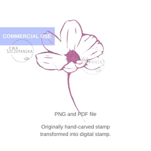 May include: A digital stamp of a flower with a detailed outline in shades of pink and white. The flower has multiple petals and a dark pink center. The image includes the text "COMMERCIAL USE", "PNG and PDF file", and "Originally hand-carved stamp transformed into digital stamp."