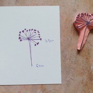 May include: A purple line drawing of a dandelion on a white sheet of paper with measurements in inches. A pink rubber stamp of a dandelion is shown to the right of the paper.