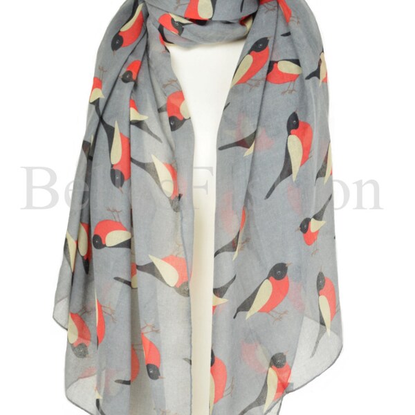Grey Christmas Robins Xmas Crimbo Over Sized Scarf/Wrap/Shawl/Cover Up/Gift/Warm/Robin Bird/Autumn/Fall/Winter/Fashion