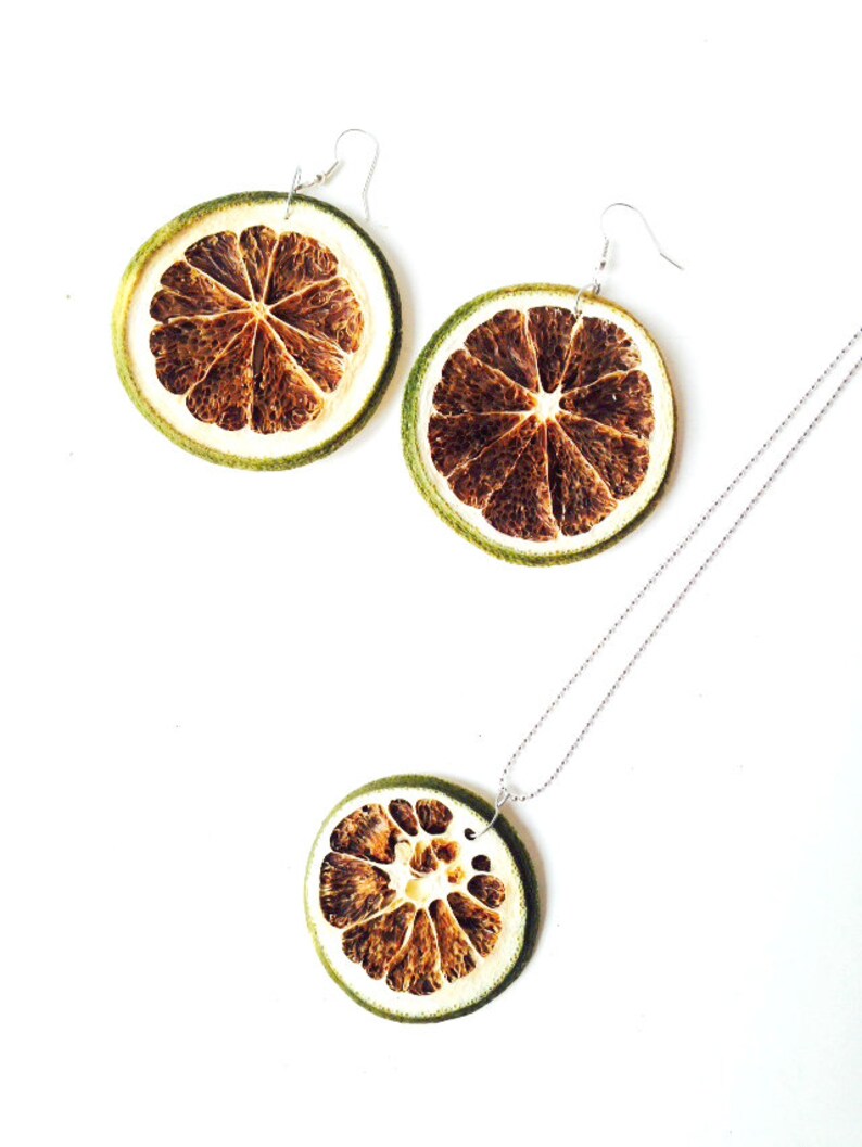 Necklace With Dry Fruit LIME Zest Long Silver Colored Chain Natural