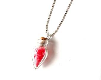 Necklace AMPHORA miniature glass amphora with red pink content silver colored chain by All Things Natural