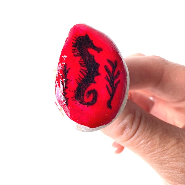 Brooch Natural stone pebble SEA HORSE red black hand painted stone brooch jewel by All Things Natural