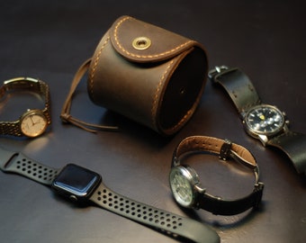 Leather watch box, travel box for wrist watch, custom roll case, husband gift, men personalized watch storage