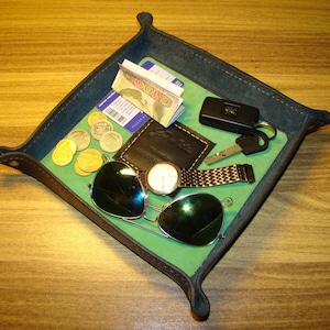 Leather desk organizer, coin or cable storage, jewelry & key valet tray, custom catchall