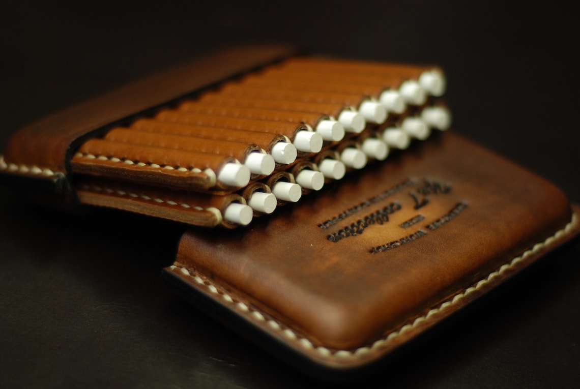 Leather Cigarette Case Stitched Slim Cigar Wallet Custom Etsy