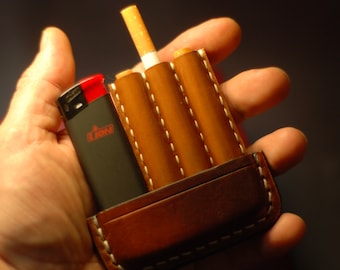 Cognac leather cigarette and torch lighter case, men&#39;s leather cigar holder, engraved tobacco box
