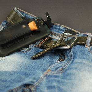 Coltello tascabile e marsupio in pelle per iPhone, fondina per smartphone da viaggio personalizzata, fodero per coltello bushcraft, accessori da uomo personalizzati
