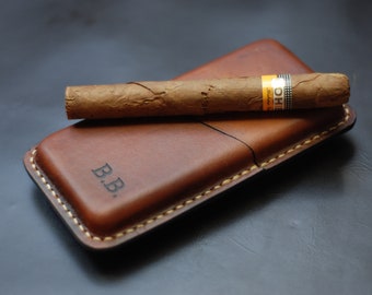Monogram Personalized Black Leather 4 Finger Cigar Case Cedar Lining Initial K 