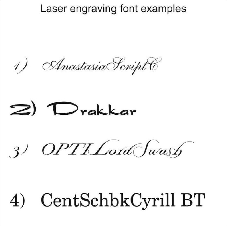 Puede incluir: Cuatro ejemplos de fuentes de grabado l&aacute;ser. Las fuentes son Anastasia Script C, Drakkar, OPTILord Swash y CentSchbkCyrill BT.