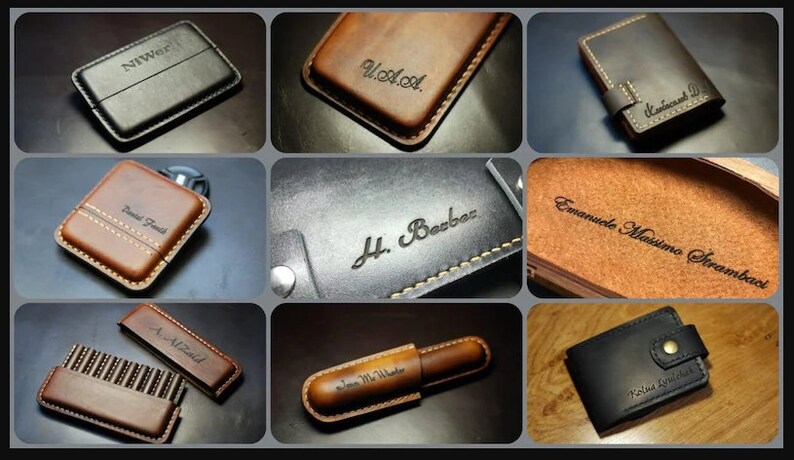 Puede incluir: Una colecci&oacute;n de art&iacute;culos de cuero personalizados, que incluyen carteras, llaveros y un estuche para bol&iacute;grafos. Cada art&iacute;culo presenta un nombre o iniciales grabados &uacute;nicos.