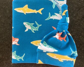 Shark Swaddle Blanket & Newborn Hat Set. Newborn Boy Take Home Set. Shark Newborn Set. Newborn Photo Prop. Baby Shower Gift. Baby Blanket
