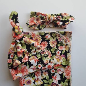 Swaddle Blanket and Newborn Hat OR Headband Set. Newborn Girl Take Home Set. Black Floral Swaddle Set. Baby Shower Gift. Newborn Photo Prop.