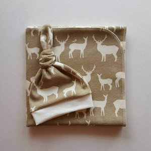 Elk Organic Swaddle Blanket & Newborn Hat Set. Organic Swaddle Set. Newborn Take Home Set.  Baby Shower Gift. Newborn Photo Prop.