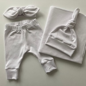 White Bamboo Swaddle Blanket & Newborn Hat or Headband Set. Newborn Leggings.  Gender Neutral Take Home Set. Baby Shower Gift.  Photo Prop