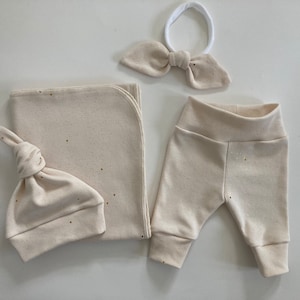 Gold Sparkle Swaddle Blanket and Newborn Hat or Headband Set. Newborn Leggings. Newborn Photo Prop. Baby Shower Gift.