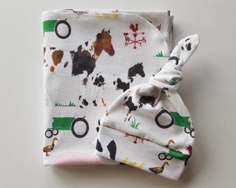 Farm Newborn Swaddle & Hat Set. Newborn Boy Coming Home Set. Farm Newborn Set. Tractor Swaddle Set. Newborn Photo Prop! Baby Shower Gift