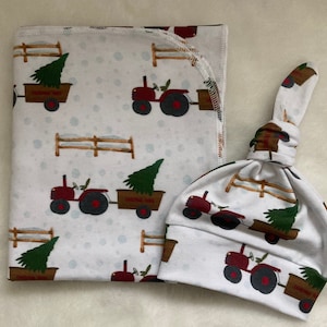 Christmas Swaddle Blanket & Hat Set. Newborn Take Home Set. Tractor Christmas Swaddle Set. Baby Shower Gift. Newborn Christmas Photo Prop.