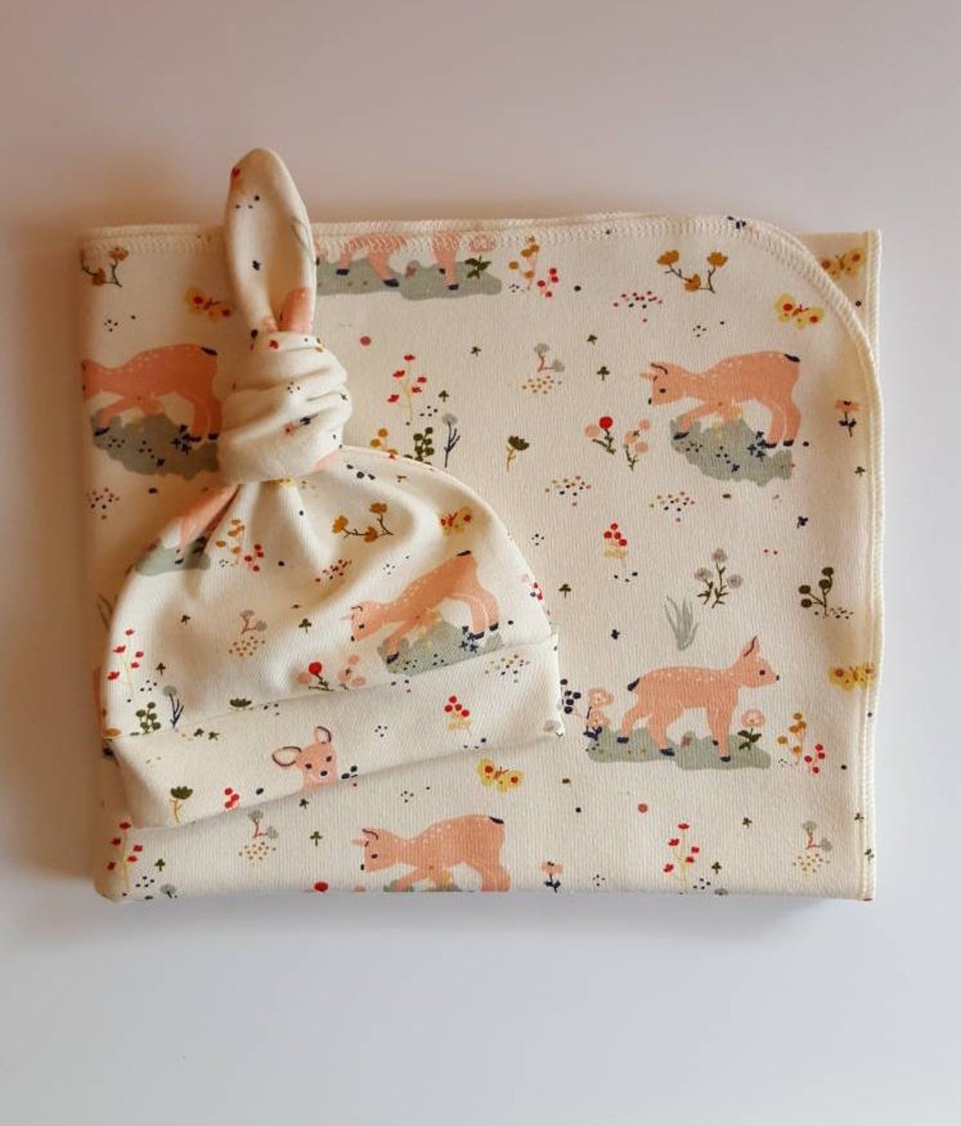 Organic Swaddle & Newborn Hat Set. Newborn Girl Take Home Set. Fawn