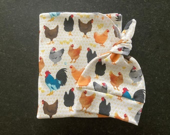 Chickens Swaddle Blanket & Newborn Hat Set. Newborn Take Home Set. Chicks Newborn Set. Newborn Photo Prop! Baby Shower Gift. Farm Swaddle