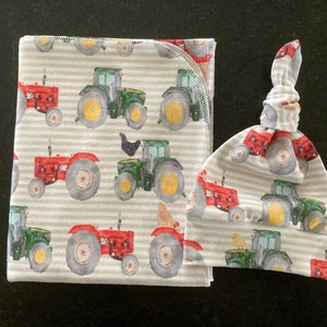 Tractor Swaddle Blanket & Newborn Hat Set. Newborn Take Home Set. Chickens Swaddle. Baby Shower Gift. Newborn Photo Prop. Farming Swaddle
