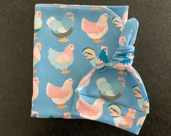 Chickens Swaddle Blanket & Newborn Hat Set. Newborn Take Home Set. Chickens Newborn Set. Newborn Photo Prop! Baby Shower Gift.