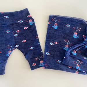 Patriotic Swaddle Blanket & Newborn Hat Set.  Newborn Leggings. Fish Swaddle Set. Newborn Photo Prop. Baby Shower Gift. Ready to Ship.