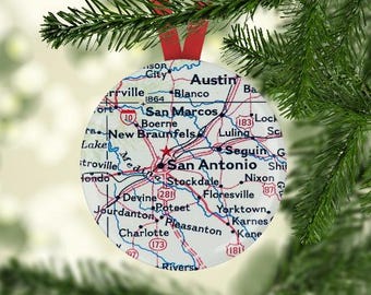 San Antonio Map Ornament, San Antonio Ornament, San Antonio Map Christmas Gift, San Antonio Christmas Ornament,