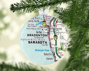 Sarasota Christmas Ornament, Sarasota Ornament, Gift under 5, Sarasota Wedding Favor, Sarasota Map , Sarasota Christmas Ornament